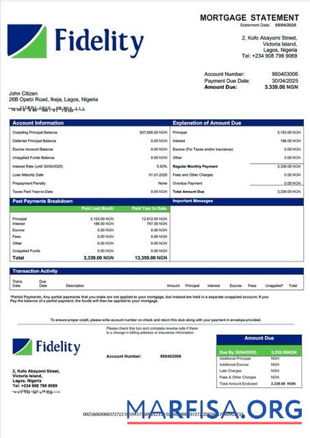 Realistic Nigeria Fidelity Bank mortgage statement Word and PDF template